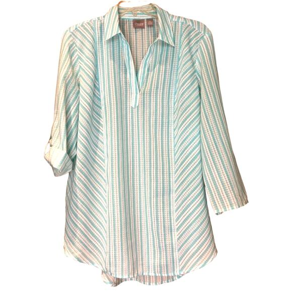 Women's Chico's Cuffed Sleeve V-Neck Collar Blouse Blue White Size 2 (14), EUC - Picture 1 of 3